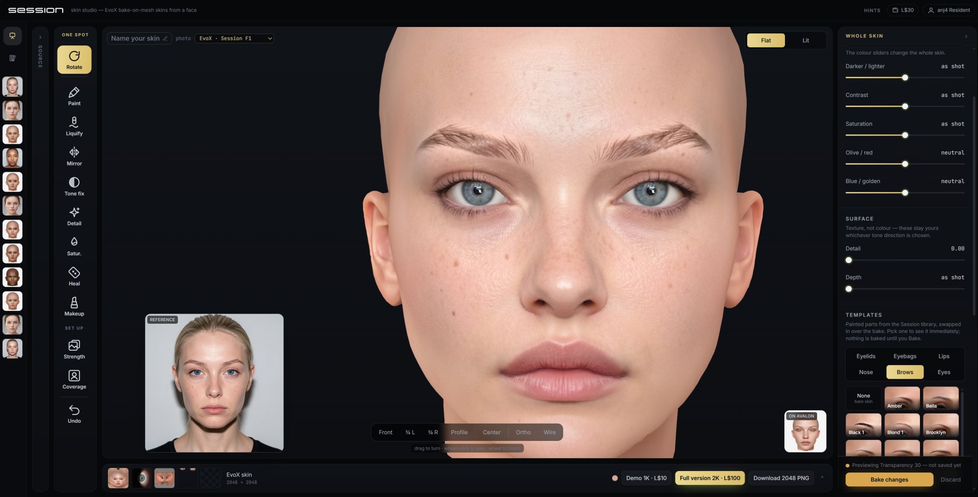 Session Skin Studio — a skin made from a photo, on the 3D head, with the photo beside it
