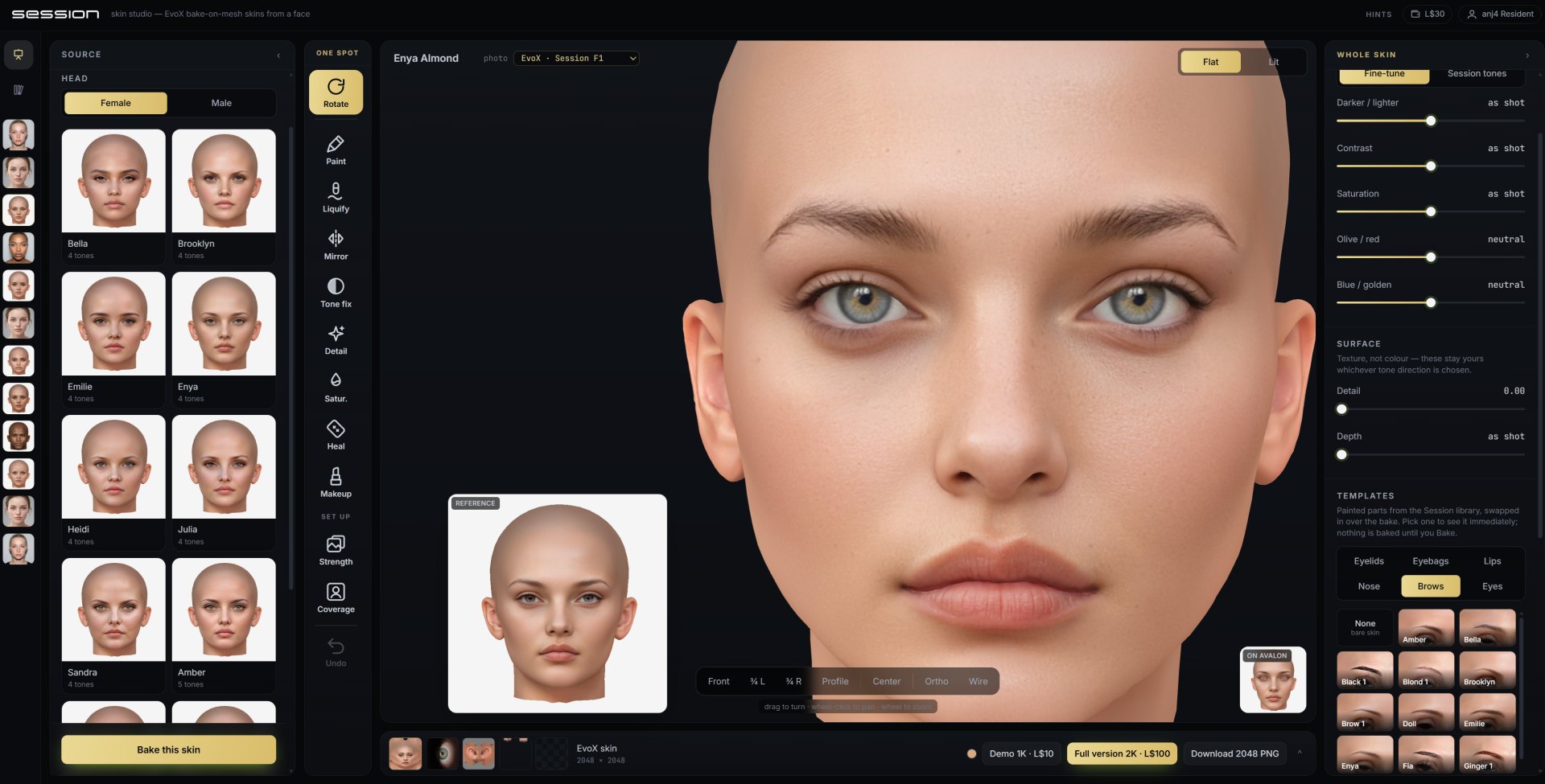 A Session skin from the catalogue, open in the studio on the 3D head